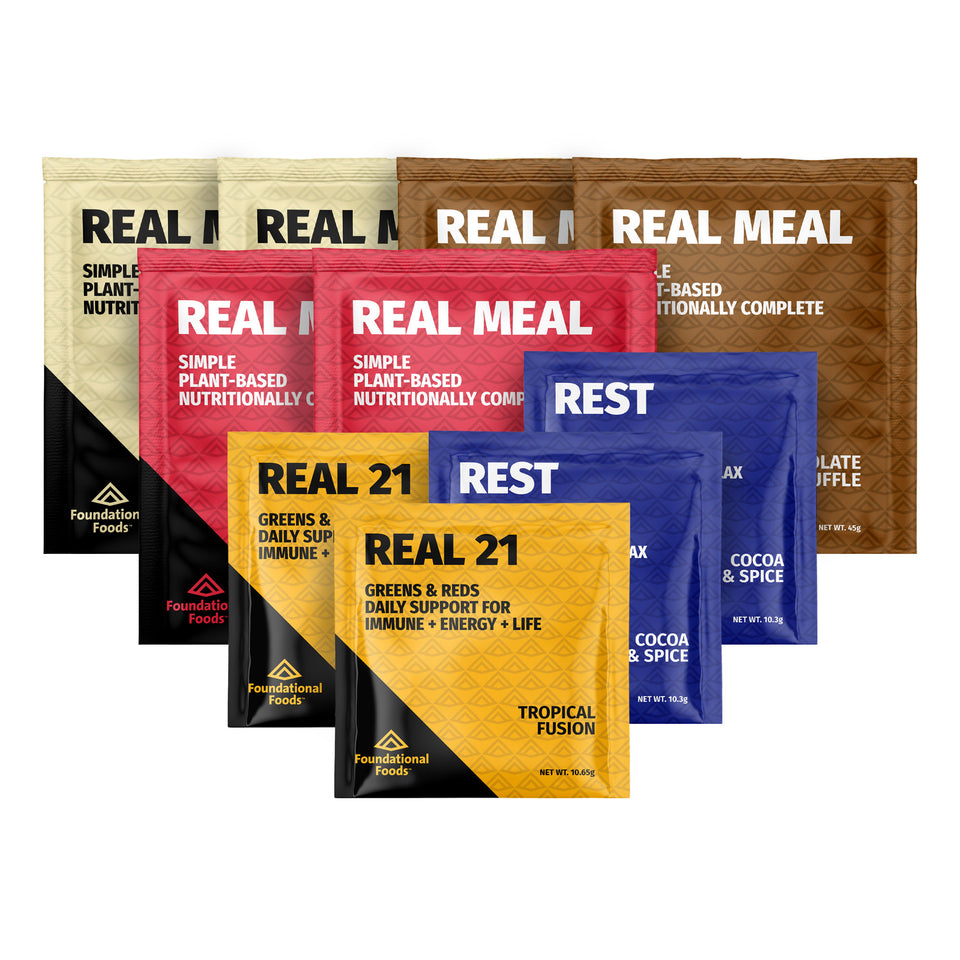 SAMPLER KIT Single Serving Packets – 2  REAL MEAL Vanilla, 2 REAL MEAL Chocolate, 2 REAL MEAL Triple Berry, 2 REAL 21, 2 REST